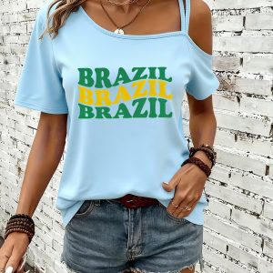 1pc "BRAZILBRAZILBRAZIL" Printed Off-Shoulder Camisole Short Sleeve, Summer Breathable Casual Style, Women'S Trendy Athletic Wear, Eye-Catching Brazilian Flair
