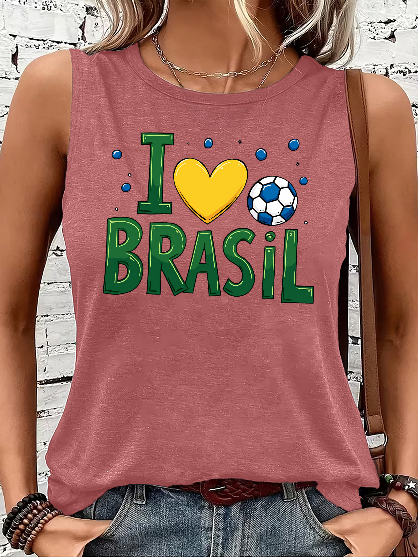 Women'S Letter Brazil Football Print Round Neck Sleeveless Vest, Women'S Sports Casual Top, Spring And Summer Wear Alone Or As a Base, Soft Breathable Elastic Fabric, Loose And Fitness Running Versatile T-Shirt - Image 6