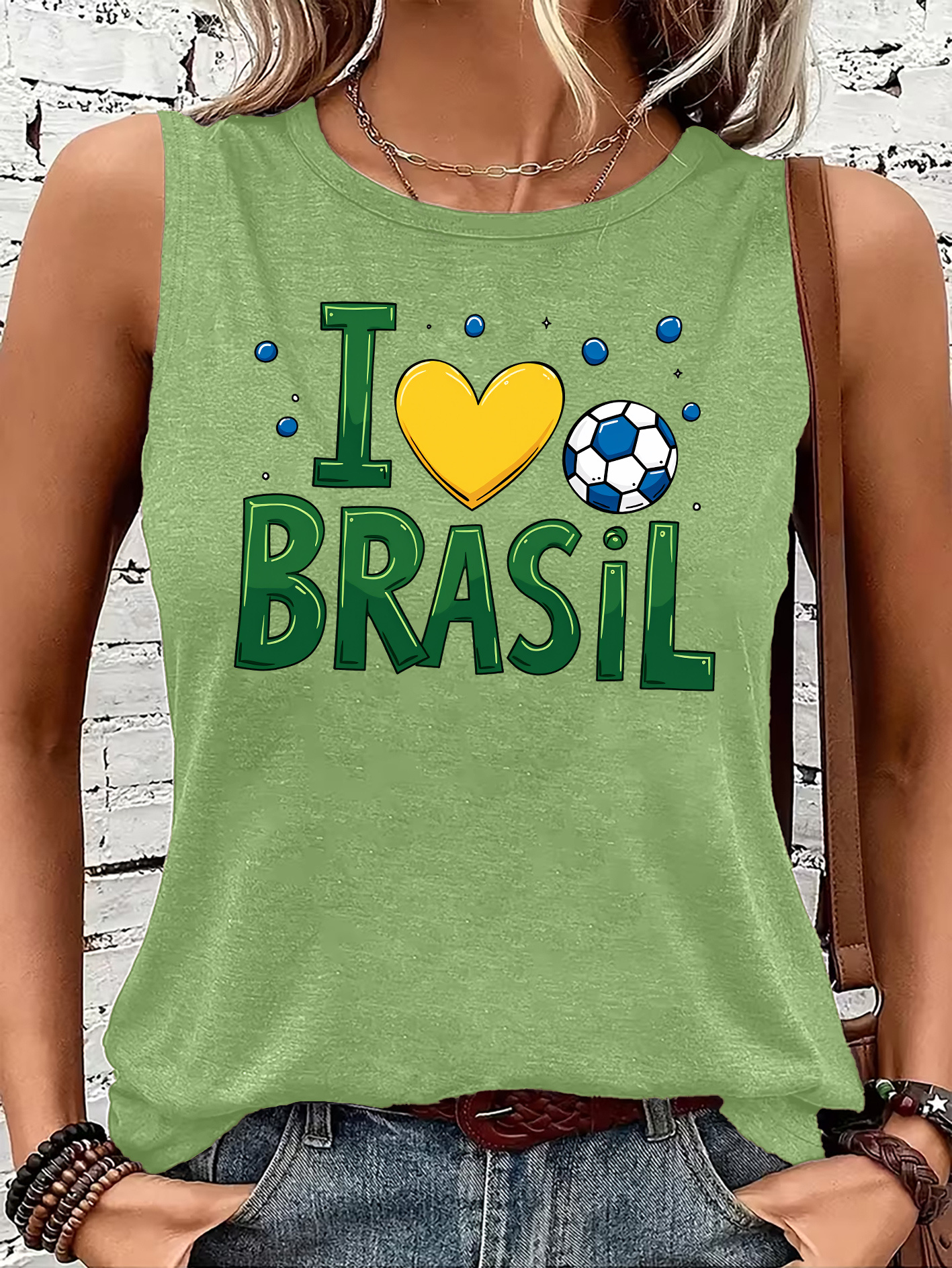 Women'S Letter Brazil Football Print Round Neck Sleeveless Vest, Women'S Sports Casual Top, Spring And Summer Wear Alone Or As a Base, Soft Breathable Elastic Fabric, Loose And Fitness Running Versatile T-Shirt - Image 4