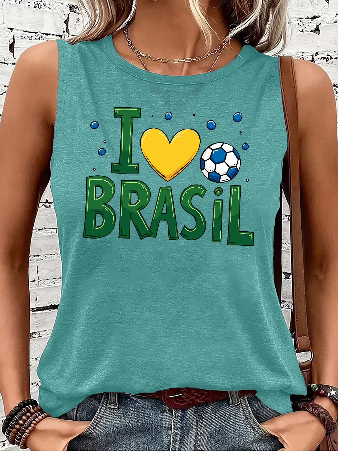 Women'S Letter Brazil Football Print Round Neck Sleeveless Vest, Women'S Sports Casual Top, Spring And Summer Wear Alone Or As a Base, Soft Breathable Elastic Fabric, Loose And Fitness Running Versatile T-Shirt - Image 2