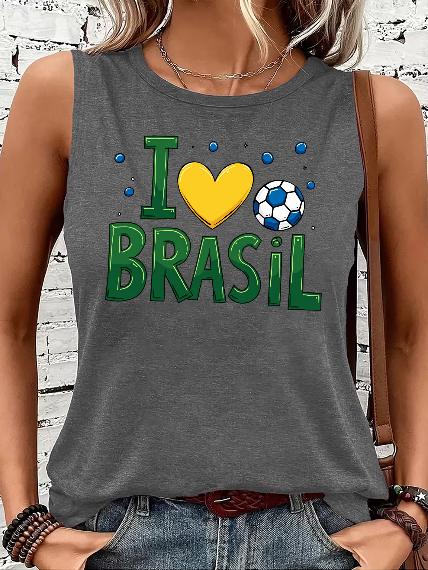 Women'S Letter Brazil Football Print Round Neck Sleeveless Vest, Women'S Sports Casual Top, Spring And Summer Wear Alone Or As a Base, Soft Breathable Elastic Fabric, Loose And Fitness Running Versatile T-Shirt - Image 7