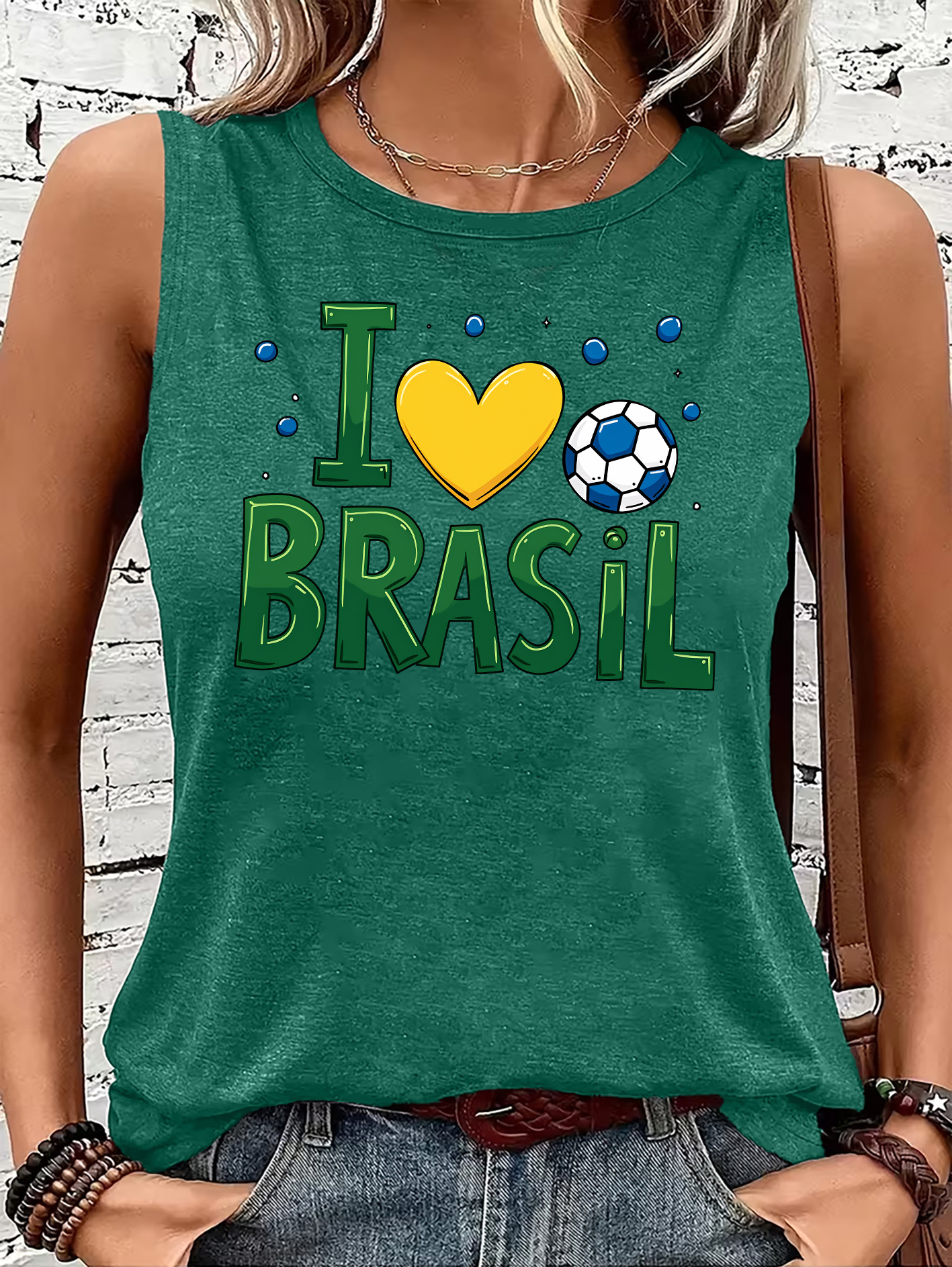 Women'S Letter Brazil Football Print Round Neck Sleeveless Vest, Women'S Sports Casual Top, Spring And Summer Wear Alone Or As a Base, Soft Breathable Elastic Fabric, Loose And Fitness Running Versatile T-Shirt - Image 5