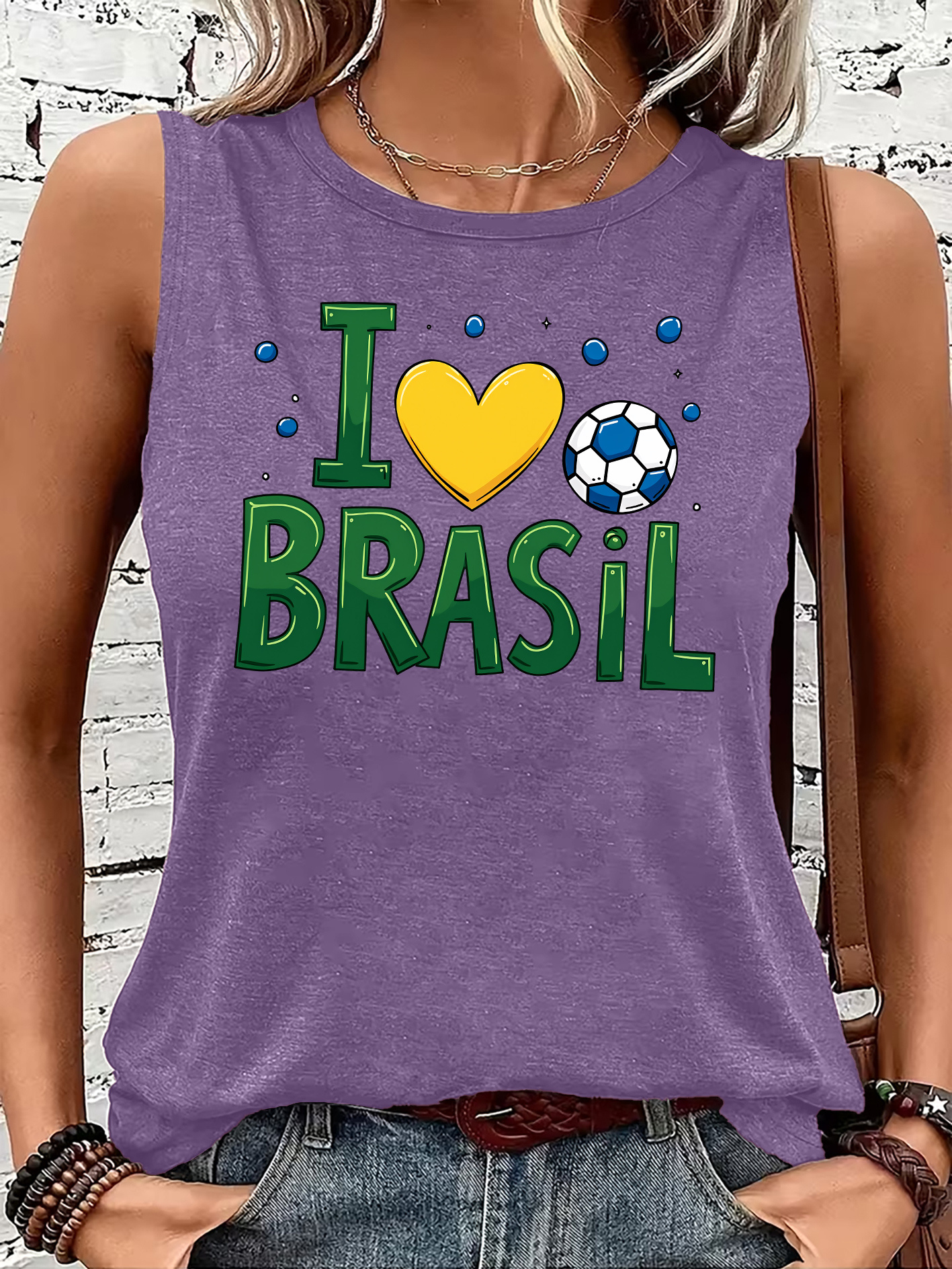 Women'S Letter Brazil Football Print Round Neck Sleeveless Vest, Women'S Sports Casual Top, Spring And Summer Wear Alone Or As a Base, Soft Breathable Elastic Fabric, Loose And Fitness Running Versatile T-Shirt - Image 3