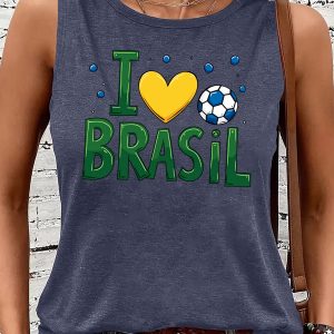 Women'S Letter Brazil Football Print Round Neck Sleeveless Vest, Women'S Sports Casual Top, Spring And Summer Wear Alone Or As a Base, Soft Breathable Elastic Fabric, Loose And Fitness Running Versatile T-Shirt