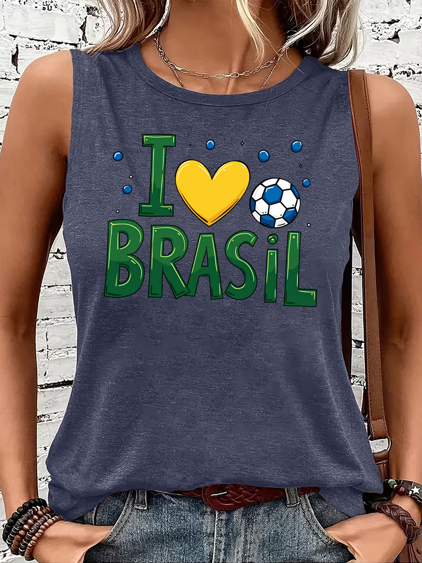 Women'S Letter Brazil Football Print Round Neck Sleeveless Vest, Women'S Sports Casual Top, Spring And Summer Wear Alone Or As a Base, Soft Breathable Elastic Fabric, Loose And Fitness Running Versatile T-Shirt