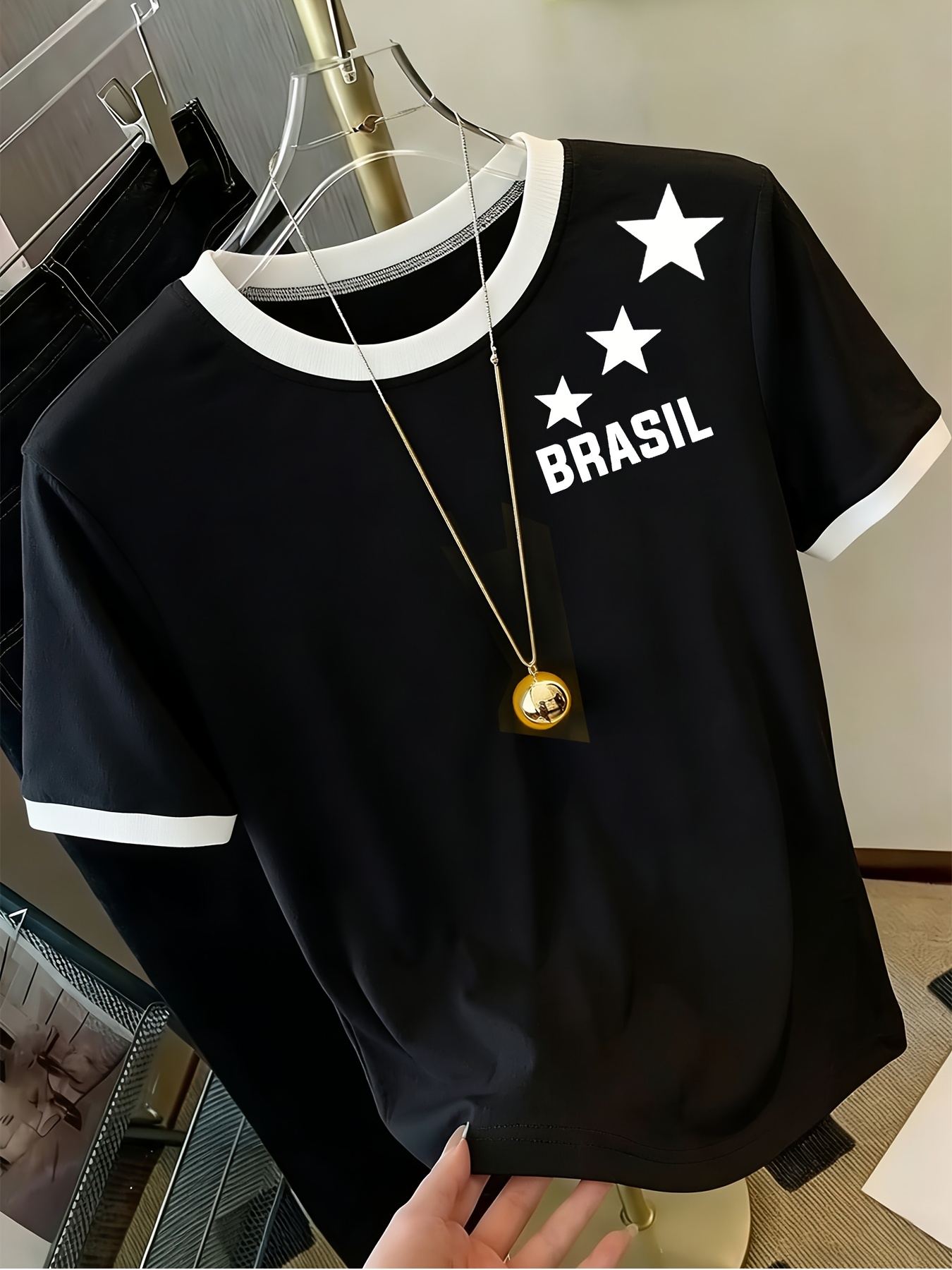 Brazilian Theme Print Bold Letter Design, Individual Pattern Print Casual Daily Round Neck Short Sleeve Contrast Fashion Design Suitable for Sports Walking Dating Women'S Comfortable Top - Image 6