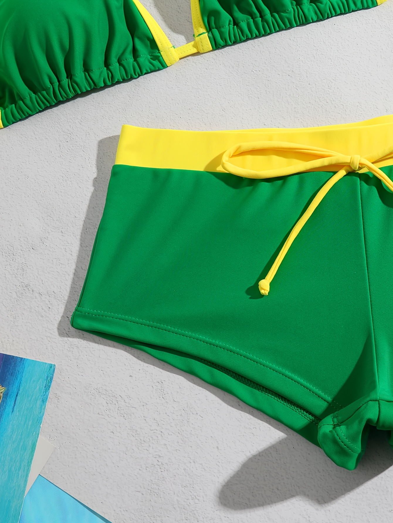 Women's Green Yellow Halter Neck Bikini Set, 2 Piece Swimsuit with Girlshort Bottom, High Stretch Beach Swimwear for Summer Vacation Pool Party - Image 6