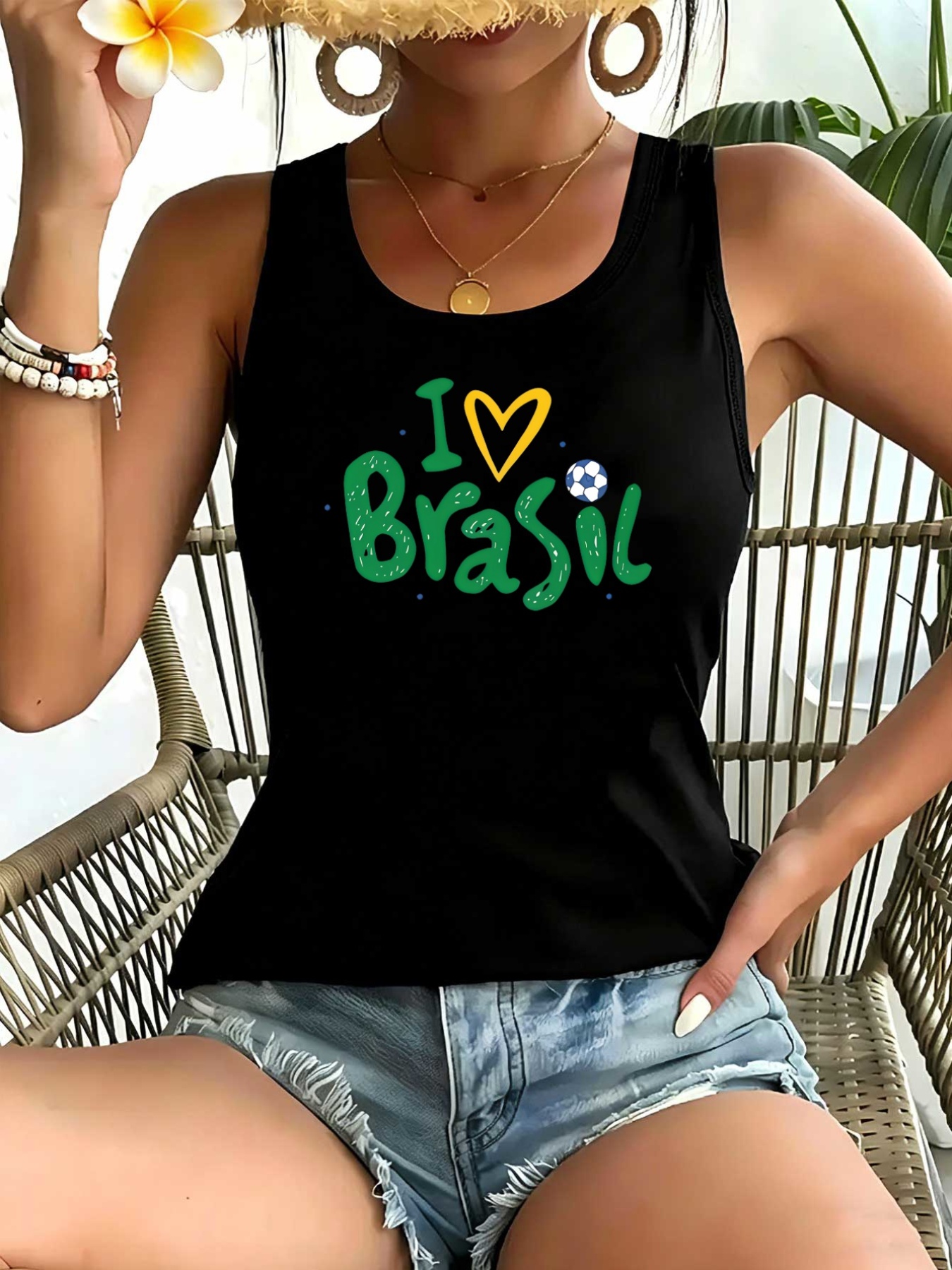 Women's Brazil Football Themed Tank Top - I Love Brazil Soccer Print, Stretchy Round Neck Sports Shirt with Brazilian Design, Machine Washable Casual Wear Suitable for Seasons & Football Gifts - Image 2