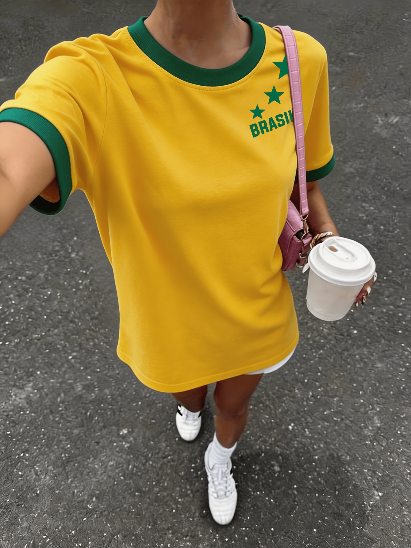 Brazilian Theme Print Bold Letter Design, Individual Pattern Print Casual Daily Round Neck Short Sleeve Contrast Fashion Design Suitable for Sports Walking Dating Women'S Comfortable Top - Image 10