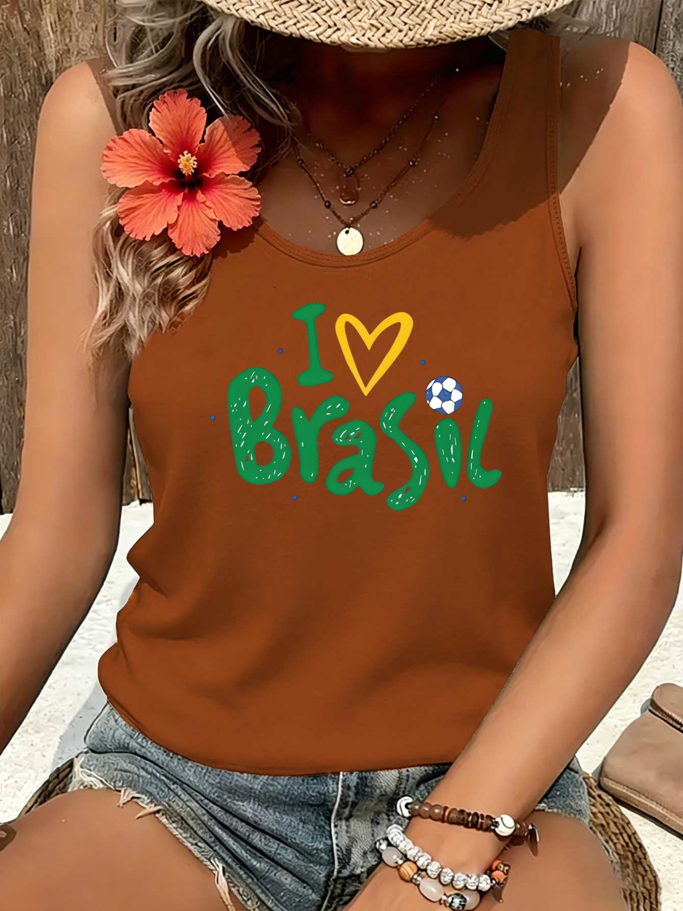 Women's Brazil Football Themed Tank Top - I Love Brazil Soccer Print, Stretchy Round Neck Sports Shirt with Brazilian Design, Machine Washable Casual Wear Suitable for Seasons & Football Gifts - Image 4