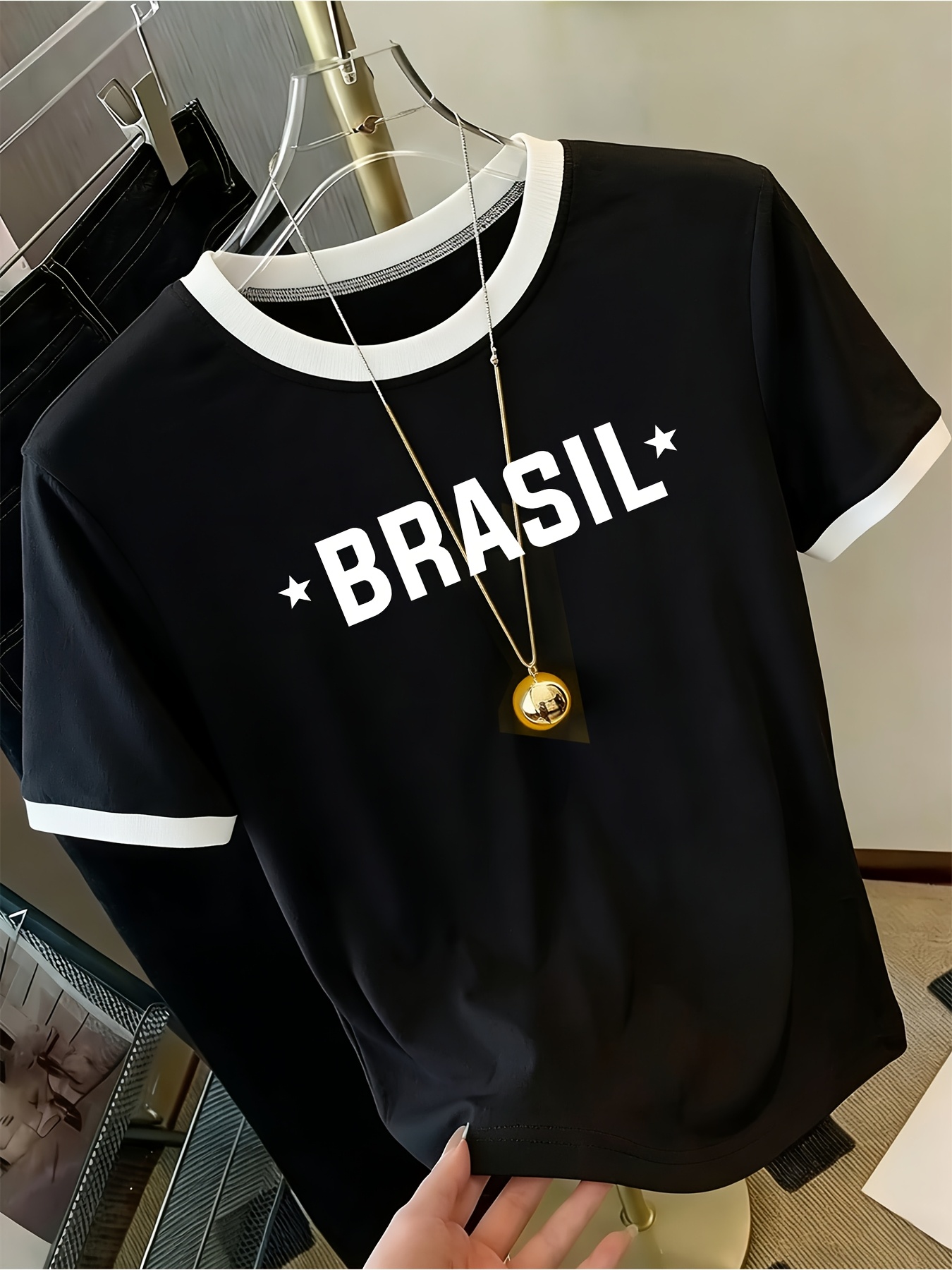 Brazilian Theme Print Bold Letter Design, Individual Pattern Print Casual Daily Round Neck Short Sleeve Contrast Fashion Design Suitable for Sports Walking Dating Women'S Comfortable Top - Image 5