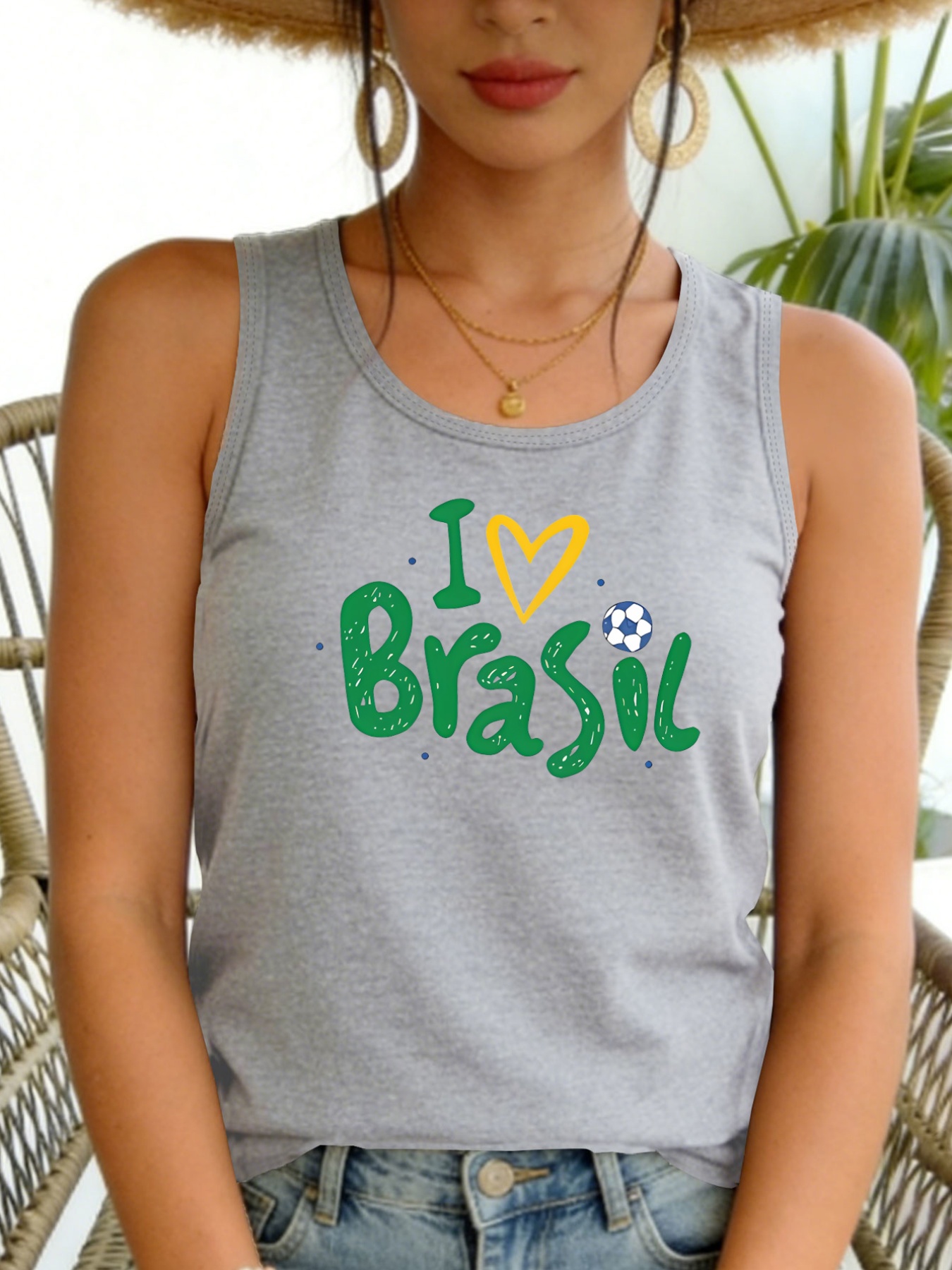 Women's Brazil Football Themed Tank Top - I Love Brazil Soccer Print, Stretchy Round Neck Sports Shirt with Brazilian Design, Machine Washable Casual Wear Suitable for Seasons & Football Gifts - Image 6