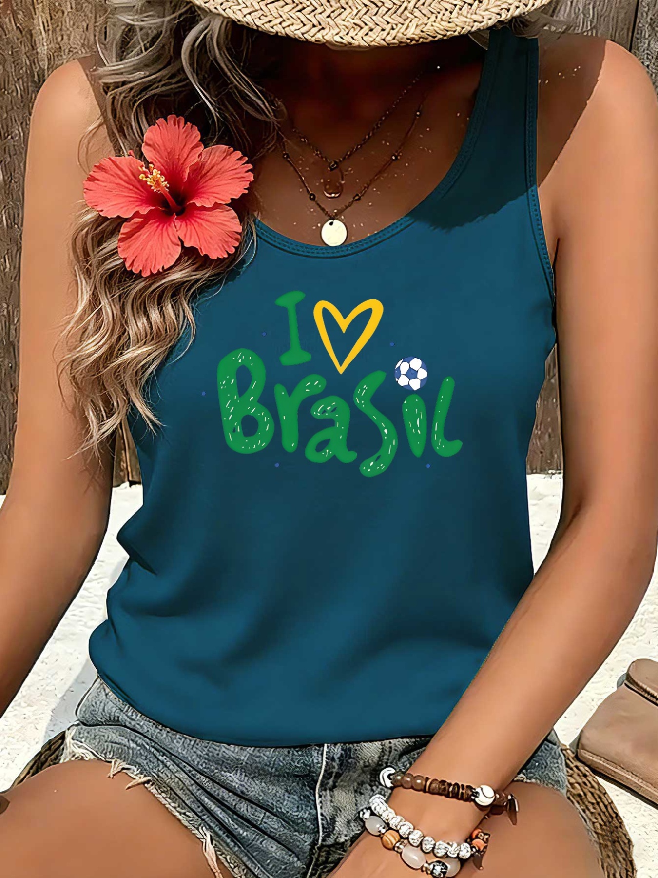 Women's Brazil Football Themed Tank Top - I Love Brazil Soccer Print, Stretchy Round Neck Sports Shirt with Brazilian Design, Machine Washable Casual Wear Suitable for Seasons & Football Gifts - Image 3