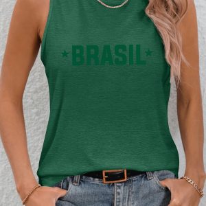 Women's BRASIL Brazil Letter Print Sleeveless Tank Top - Soft Breathable Loose Fit Round Neck Blouse Suitable for Fan Gatherings, Outdoor Events & Brazilian-Themed Outfits, Machine Washable S-XXL Sizes, Spring Summer Fall Casual Wear