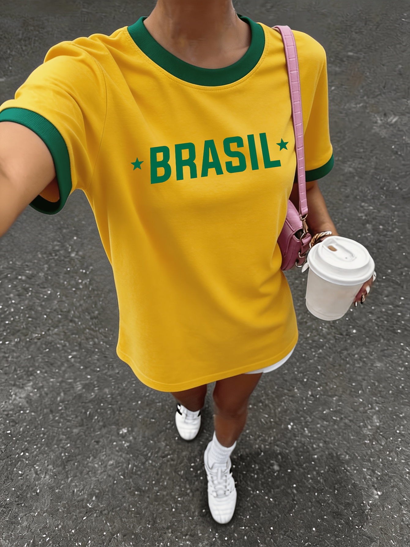 Brazilian Theme Print Bold Letter Design, Individual Pattern Print Casual Daily Round Neck Short Sleeve Contrast Fashion Design Suitable for Sports Walking Dating Women'S Comfortable Top - Image 8