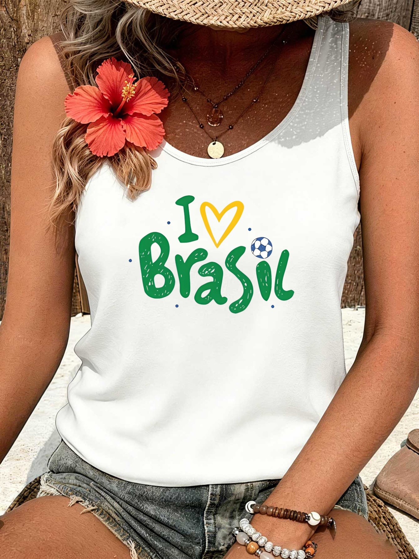 Women's Brazil Football Themed Tank Top - I Love Brazil Soccer Print, Stretchy Round Neck Sports Shirt with Brazilian Design, Machine Washable Casual Wear Suitable for Seasons & Football Gifts - Image 5