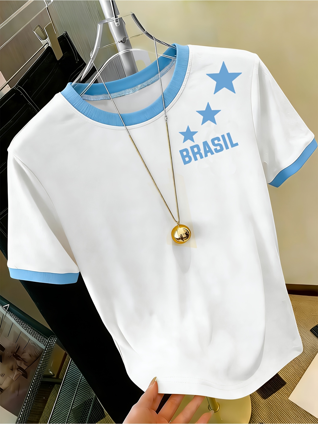 Brazilian Theme Print Bold Letter Design, Individual Pattern Print Casual Daily Round Neck Short Sleeve Contrast Fashion Design Suitable for Sports Walking Dating Women'S Comfortable Top - Image 3