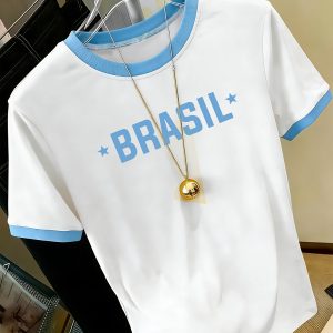 Brazilian Theme Print Bold Letter Design, Individual Pattern Print Casual Daily Round Neck Short Sleeve Contrast Fashion Design Suitable for Sports Walking Dating Women'S Comfortable Top