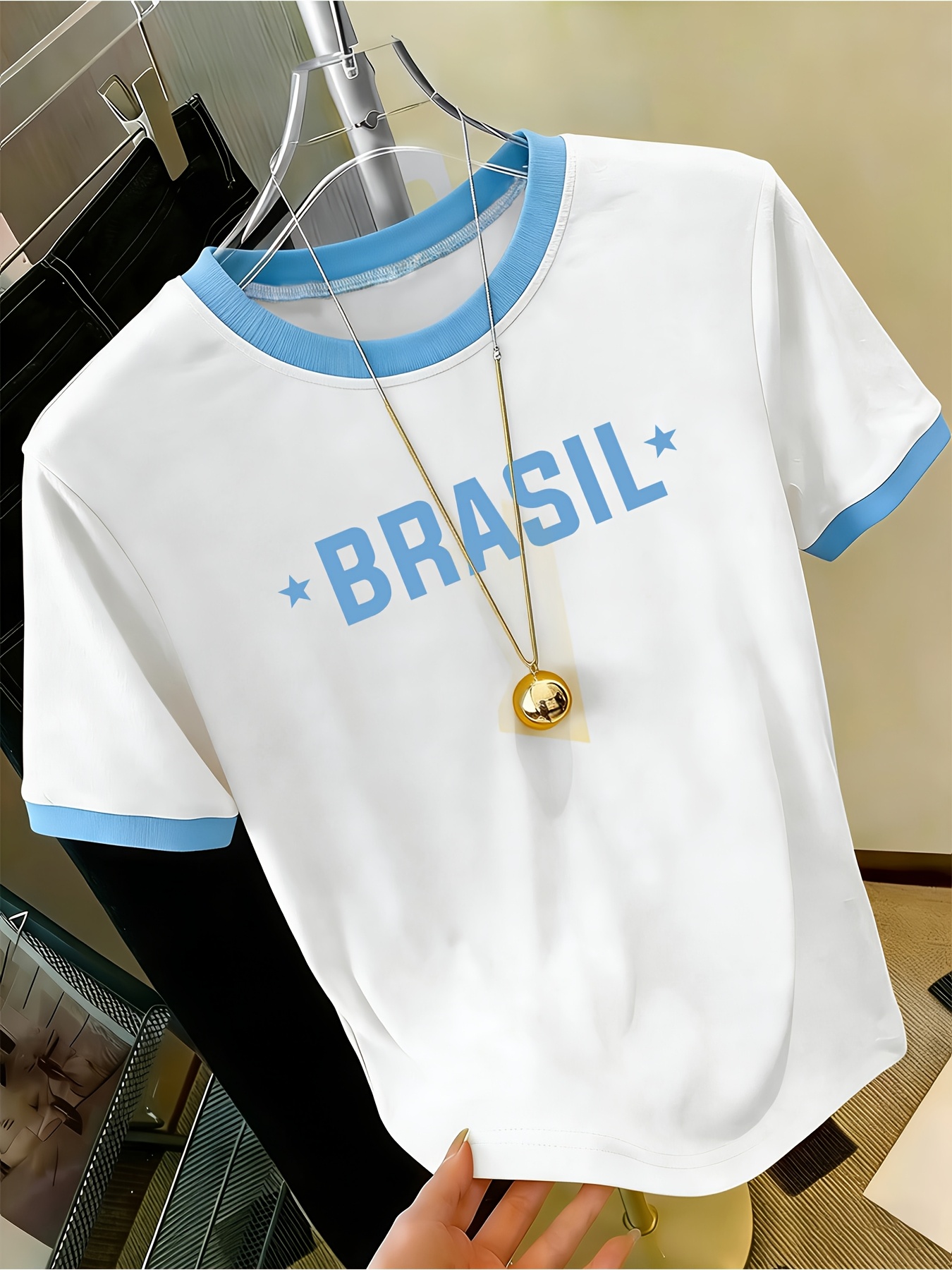 Brazilian Theme Print Bold Letter Design, Individual Pattern Print Casual Daily Round Neck Short Sleeve Contrast Fashion Design Suitable for Sports Walking Dating Women'S Comfortable Top