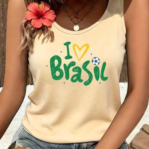 Women's Brazil Football Themed Tank Top - I Love Brazil Soccer Print, Stretchy Round Neck Sports Shirt with Brazilian Design, Machine Washable Casual Wear Suitable for Seasons & Football Gifts