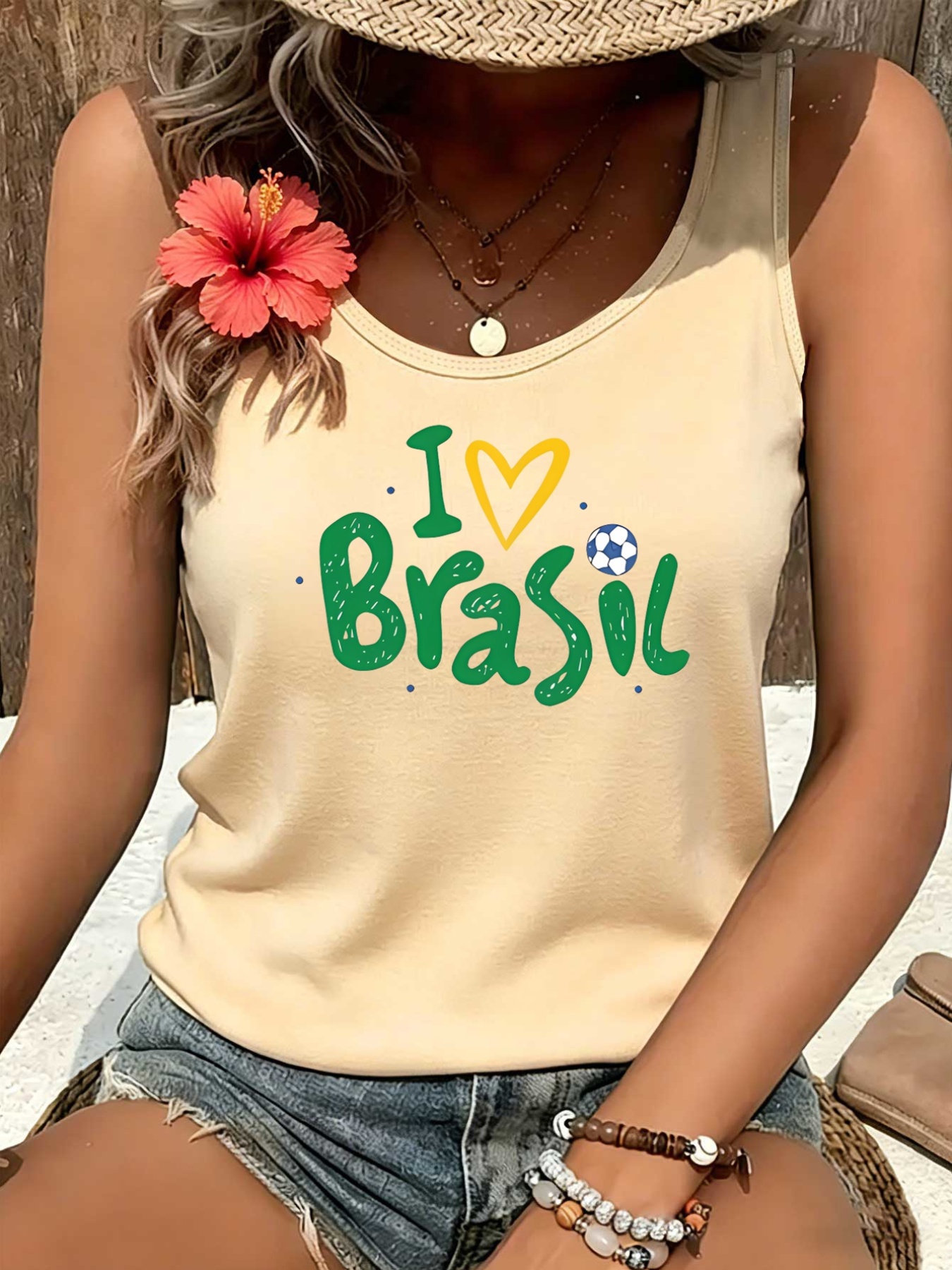 Women's Brazil Football Themed Tank Top - I Love Brazil Soccer Print, Stretchy Round Neck Sports Shirt with Brazilian Design, Machine Washable Casual Wear Suitable for Seasons & Football Gifts