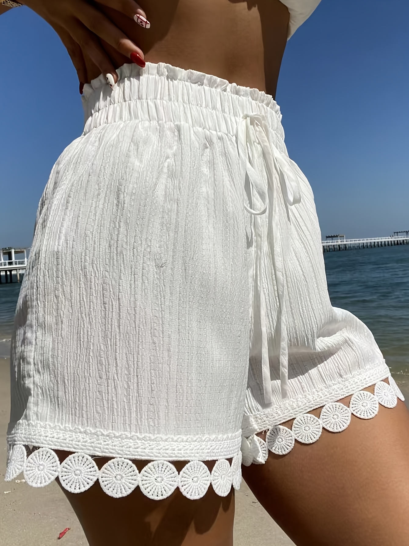 Elegant Lace-Trimmed Beach-Style Shorts for Women, Fashionable Design, Classic and Versatile, Chic and Sophisticated Women's Shorts - Image 8