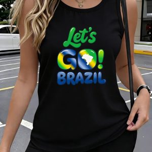 Women's Brazil-Themed Sleeveless Tank Top with Let's Go Brazil Lettering - Casual Round Neck -Compatible Shirt, Machine Washable Opaque Top Suitable for Seasons & Brazilian Outfits