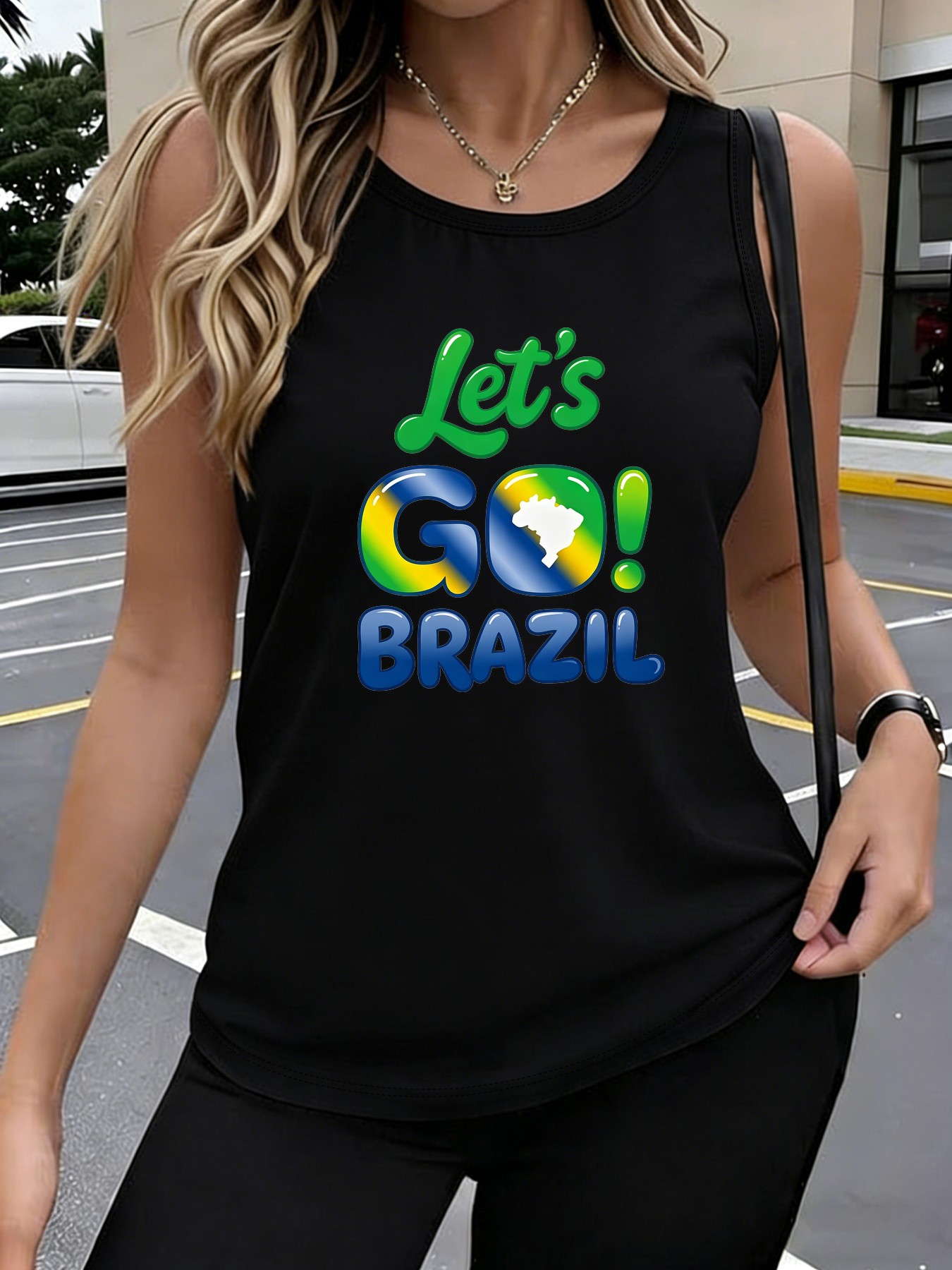 Women's Brazil-Themed Sleeveless Tank Top with Let's Go Brazil Lettering - Casual Round Neck -Compatible Shirt, Machine Washable Opaque Top Suitable for Seasons & Brazilian Outfits