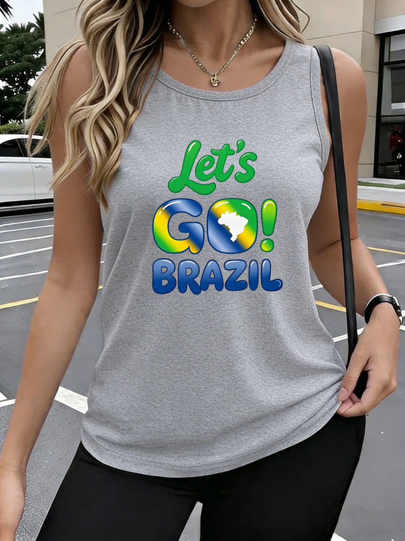 Women's Brazil-Themed Sleeveless Tank Top with Let's Go Brazil Lettering - Casual Round Neck -Compatible Shirt, Machine Washable Opaque Top Suitable for Seasons & Brazilian Outfits - Image 5