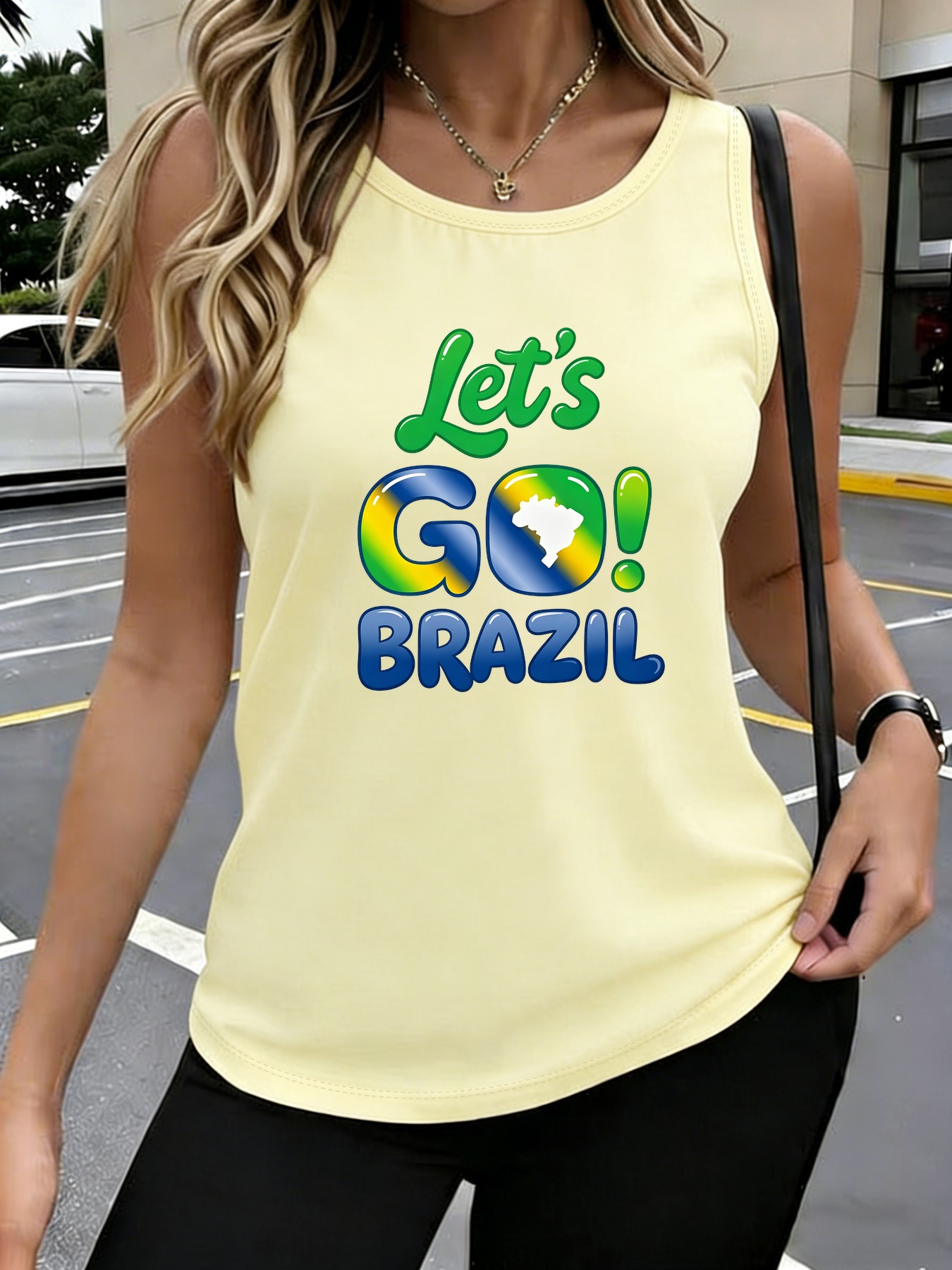 Women's Brazil-Themed Sleeveless Tank Top with Let's Go Brazil Lettering - Casual Round Neck -Compatible Shirt, Machine Washable Opaque Top Suitable for Seasons & Brazilian Outfits - Image 2