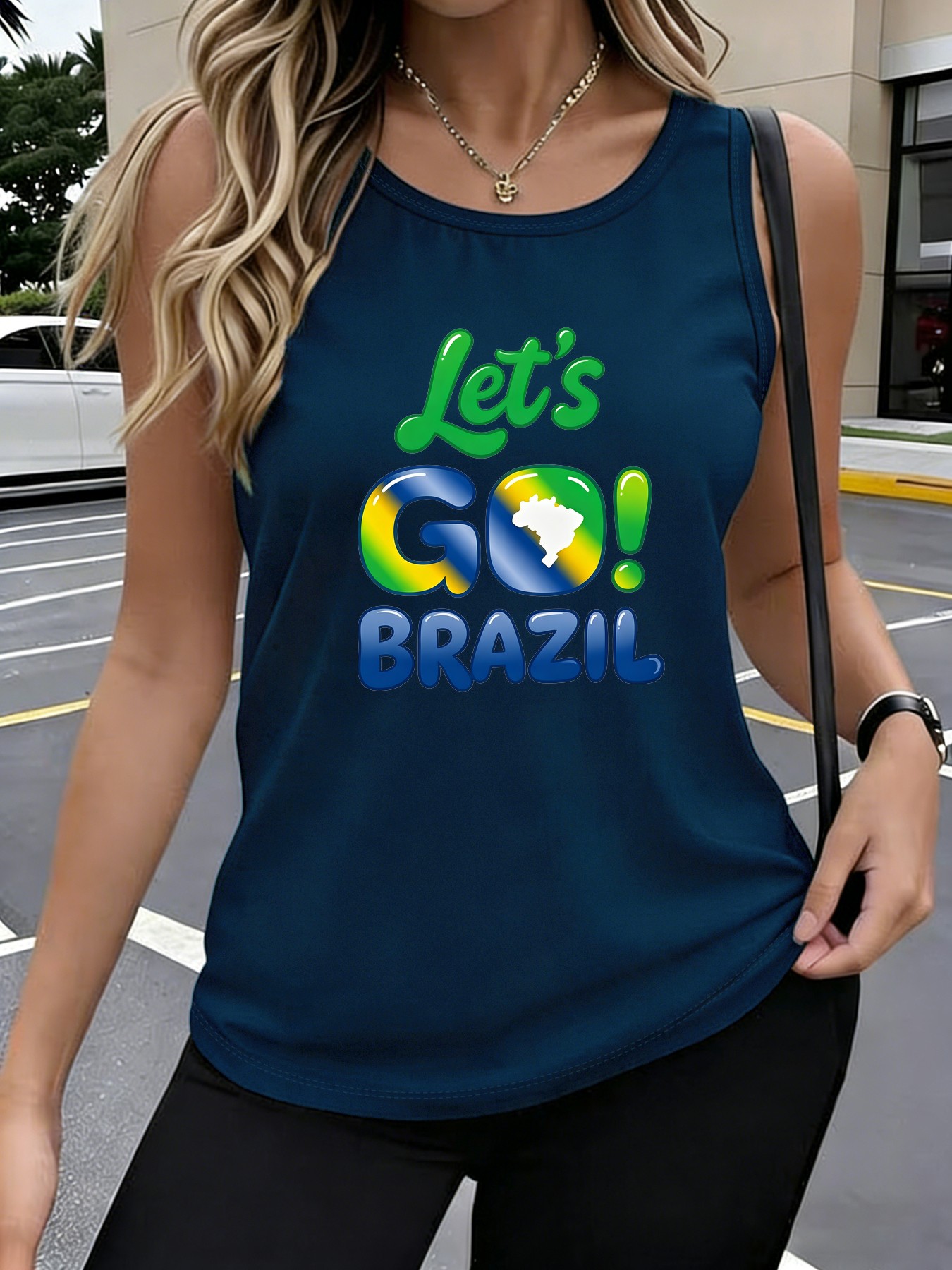 Women's Brazil-Themed Sleeveless Tank Top with Let's Go Brazil Lettering - Casual Round Neck -Compatible Shirt, Machine Washable Opaque Top Suitable for Seasons & Brazilian Outfits - Image 6