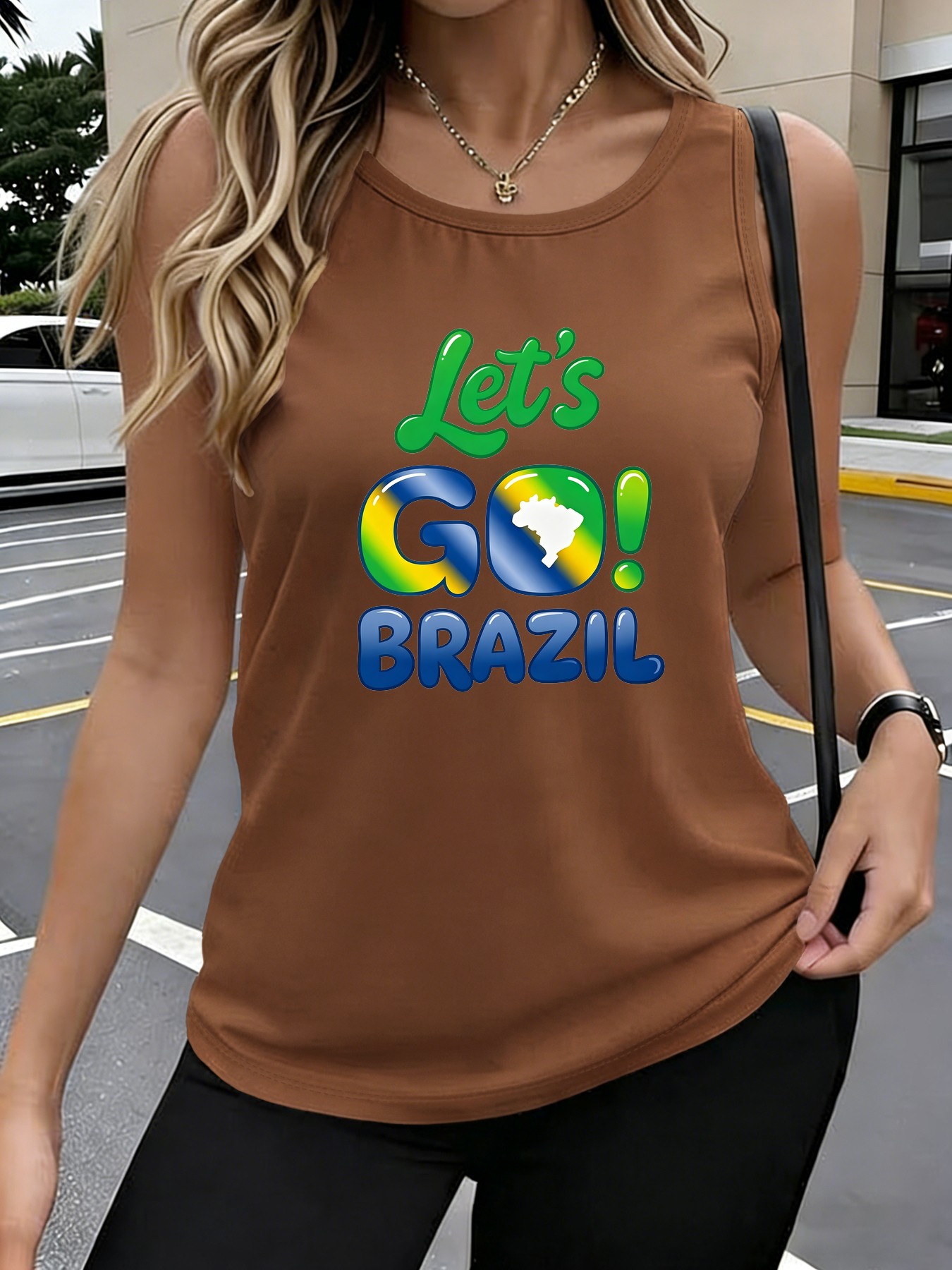 Women's Brazil-Themed Sleeveless Tank Top with Let's Go Brazil Lettering - Casual Round Neck -Compatible Shirt, Machine Washable Opaque Top Suitable for Seasons & Brazilian Outfits - Image 3