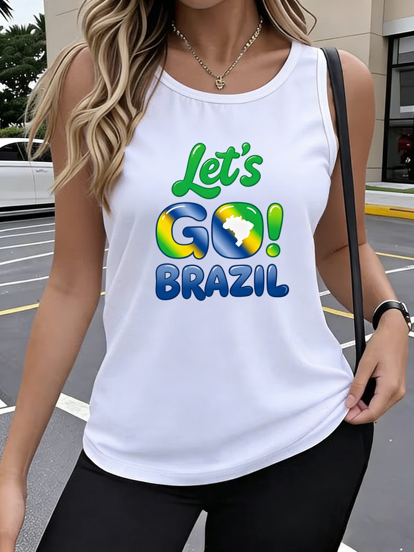 Women's Brazil-Themed Sleeveless Tank Top with Let's Go Brazil Lettering - Casual Round Neck -Compatible Shirt, Machine Washable Opaque Top Suitable for Seasons & Brazilian Outfits - Image 4