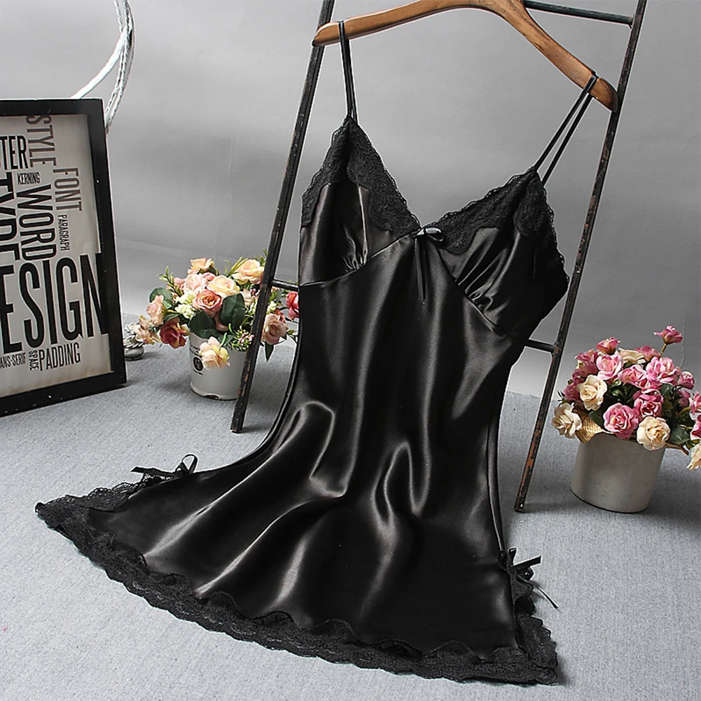 Hot Sale Women Sexy Satin Nightdress Lace Nightwear For Lingerie Sleepwear Ladies Mini Short Dress Robe Sleeping