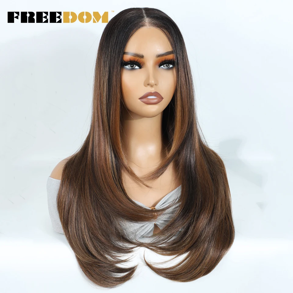 Synthetic Lace Front Wigs For Black Woman Layered Straight Wear and Go Glueless Wigs Ombre Brown T Part & 6x4 Pre Plucked Wig - Image 3