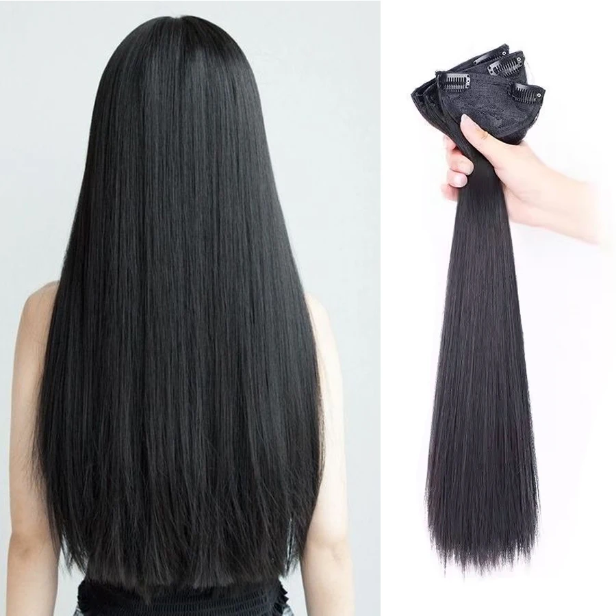 Long silky straight hair extenstion 3pcs/set 18/24inch 2clips in hair extenstion Long Straight Hairstyle Synthetic Black Hairpie