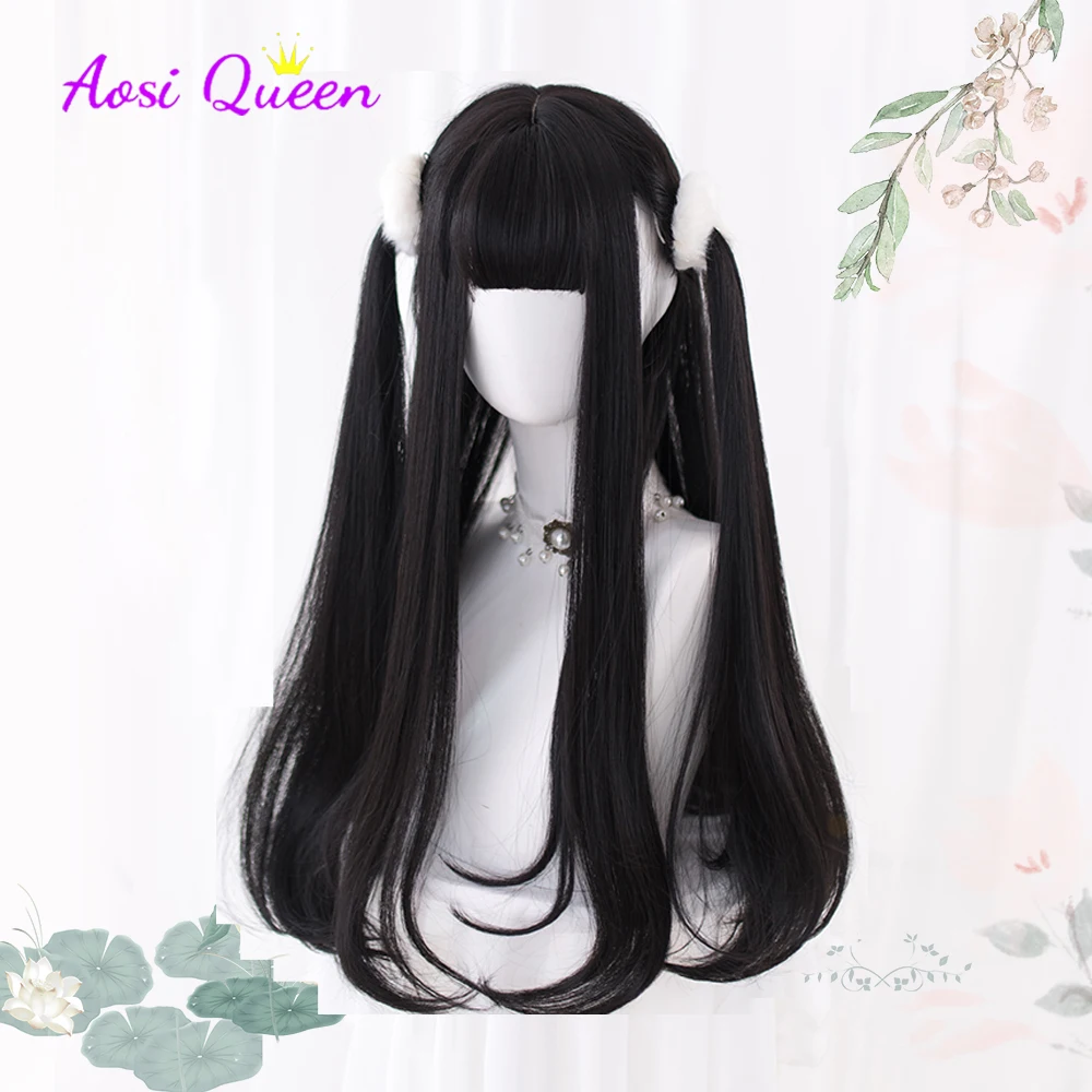 AS Long Straight Black Synthetic Wig For Woman With Bangs black Cosplay Lolita Wigs Heat Resistant Natural Hair - Image 3
