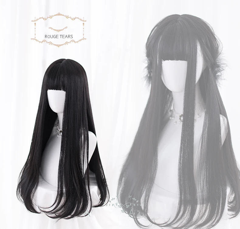 AS Long Straight Black Synthetic Wig For Woman With Bangs black Cosplay Lolita Wigs Heat Resistant Natural Hair - Image 4