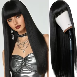 26 Inch Black Straight Synthetic Wig with Bangs, High Density - Natural Looking, Great for Women, Perfect for Daily Wear, Music