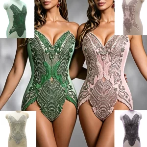 Hot Sale New Rhinestones FashionDark V Beaded Rhinestone Applique Bodice For Wedding Evening dress D-27