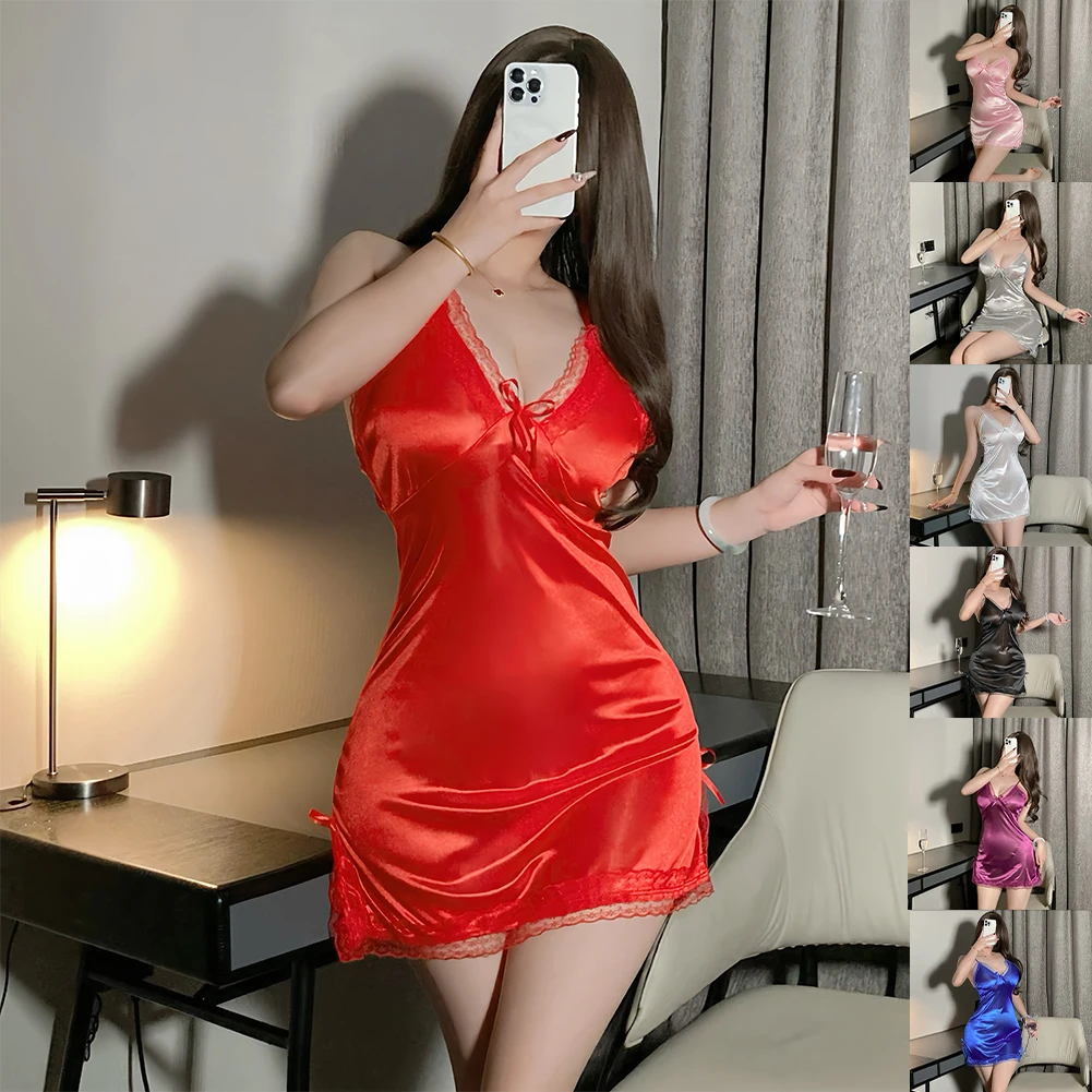 Women Ladies Sexy Lingerie Satin Suspender Nightdress Thong Pajama Thin Lace Slit Bow Nightwear Comfortable - Image 5