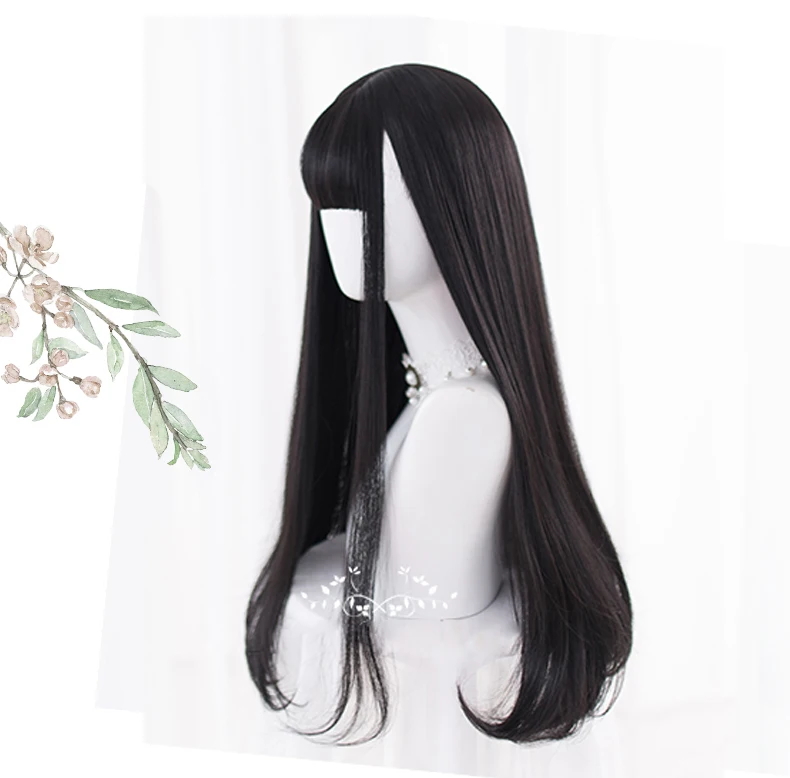 AS Long Straight Black Synthetic Wig For Woman With Bangs black Cosplay Lolita Wigs Heat Resistant Natural Hair - Image 5