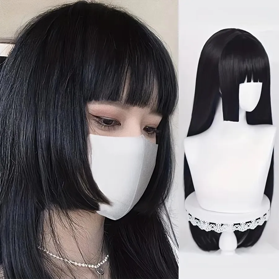 Natural Long Straight Synthetic Black Wig With Bangs Lolita Cosplay Hair Wigs For Women Heat Resistant Fiber Daily Party Wig Fem - Image 2