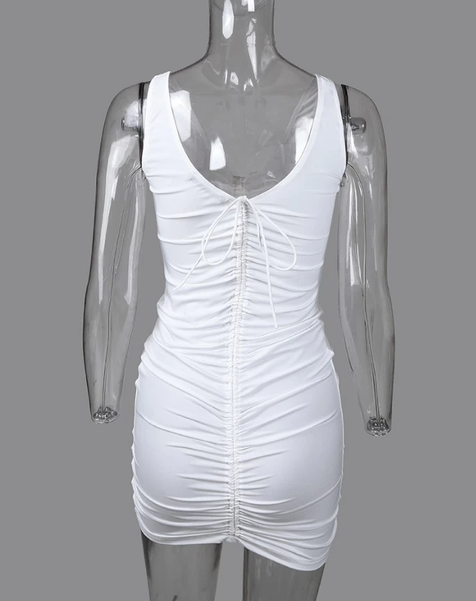 Womens Dresses 2024 Summer Fashion V-Neck Drawstring Ruched Backless Sexy Plain Sleeveless Bodycon Mini Night Out Dress - Image 3