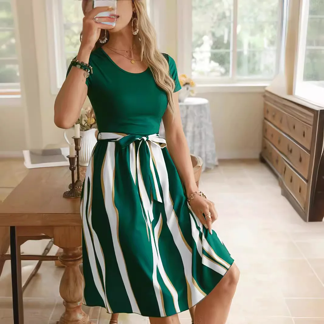Dress Women Stripe Print Dresses Patchwork Round Collar Short Sleeve Office Lady Vestidos 2025 Summer Lace Up Tight Waist A Line