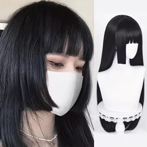 Natural Long Straight Synthetic Black Wig With Bangs Lolita Cosplay Hair Wigs For Women Heat Resistant Fiber Daily Party Wig Fem