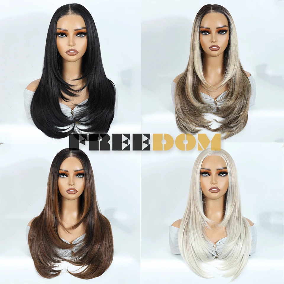 Synthetic Lace Front Wigs For Black Woman Layered Straight Wear and Go Glueless Wigs Ombre Brown T Part & 6x4 Pre Plucked Wig - Image 2