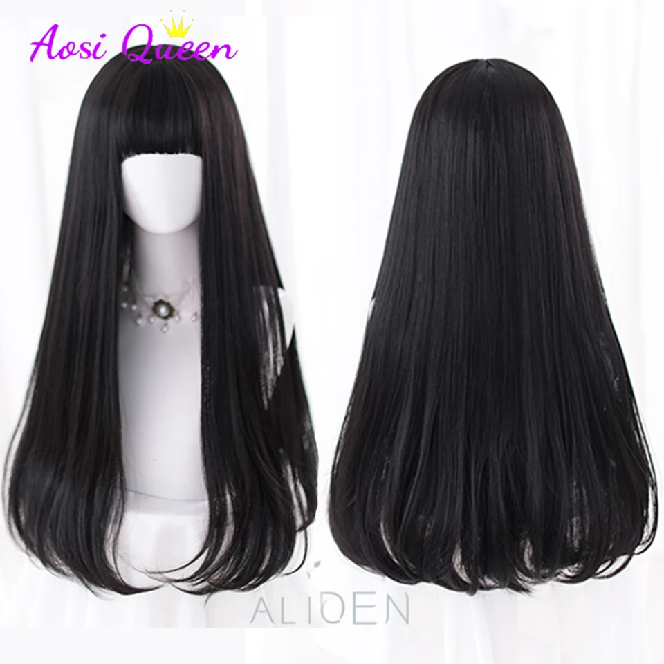 AS Long Straight Black Synthetic Wig For Woman With Bangs black Cosplay Lolita Wigs Heat Resistant Natural Hair - Image 2