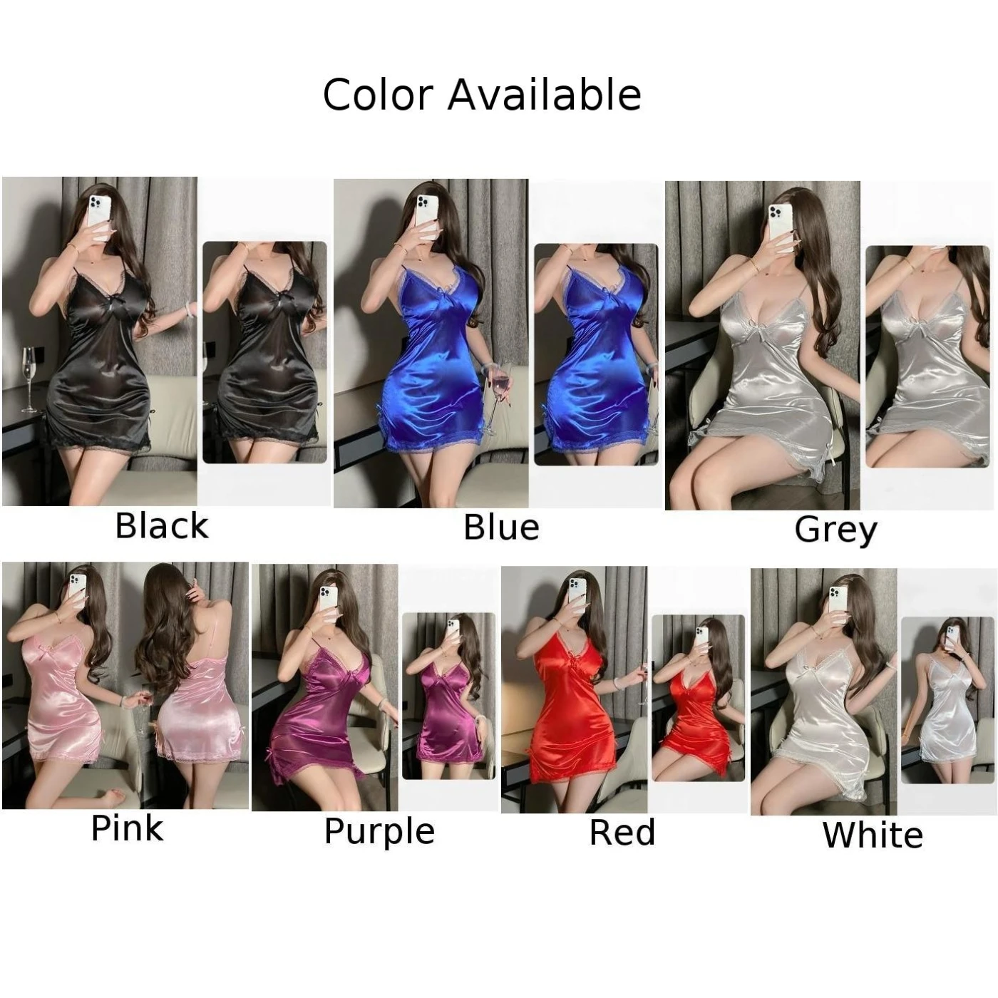 Women Ladies Sexy Lingerie Satin Suspender Nightdress Thong Pajama Thin Lace Slit Bow Nightwear Comfortable - Image 6