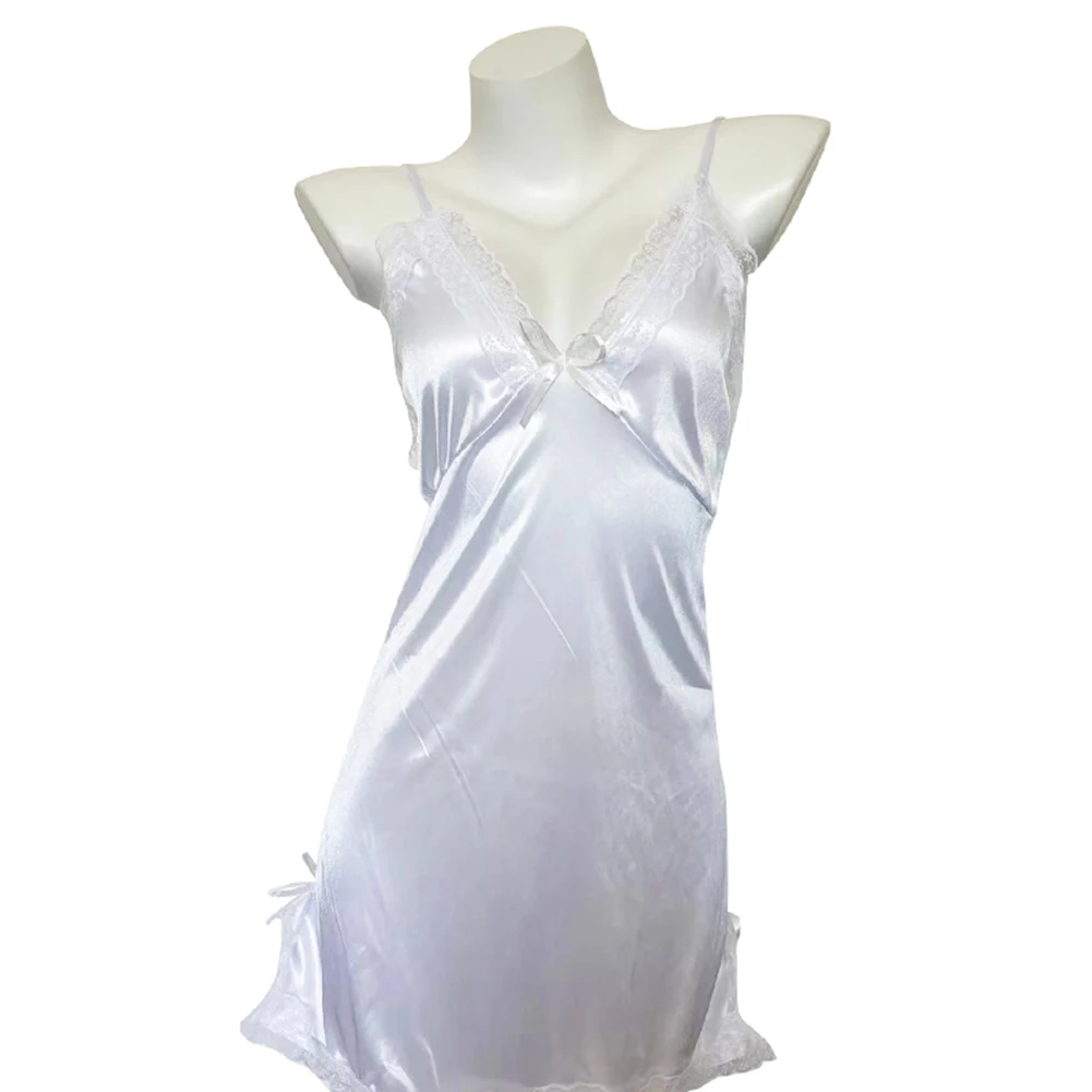 Women Ladies Sexy Lingerie Satin Suspender Nightdress Thong Pajama Thin Lace Slit Bow Nightwear Comfortable - Image 4